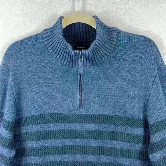 Tahari Men’s Sweater Sz XXL Navy 100% Cotton Long Sleeve Mock Neck Front 1/4 Zip - Picture 3 of 11